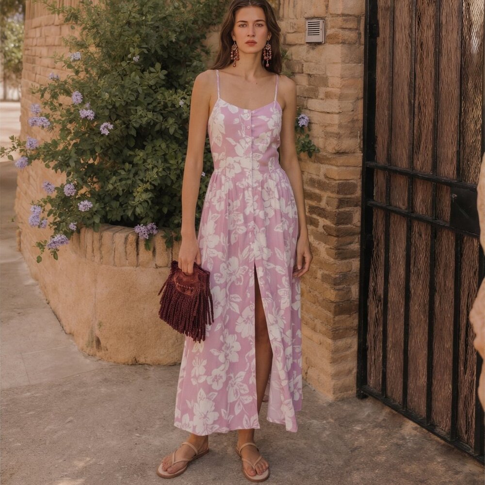 Free People Floral tie Open back halter Button Linen long Dress New COQUETTE HOT